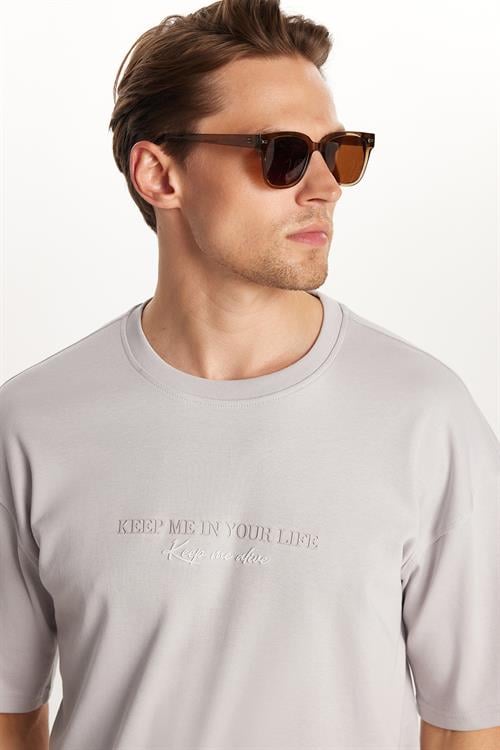 Erkek Slim Fit Dar Kesim Pamuklu Baskılı Gri Bisiklet Yaka Tişört