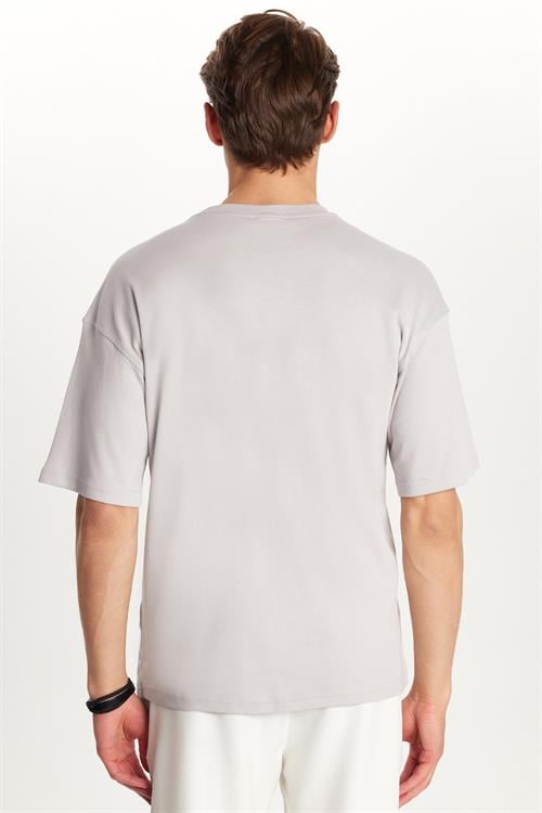 Erkek Slim Fit Dar Kesim Pamuklu Baskılı Gri Bisiklet Yaka Tişört