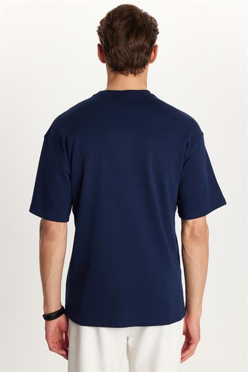 Erkek Slim Fit Dar Kesim Pamuklu Baskılı Lacivert Bisiklet Yaka Tişört