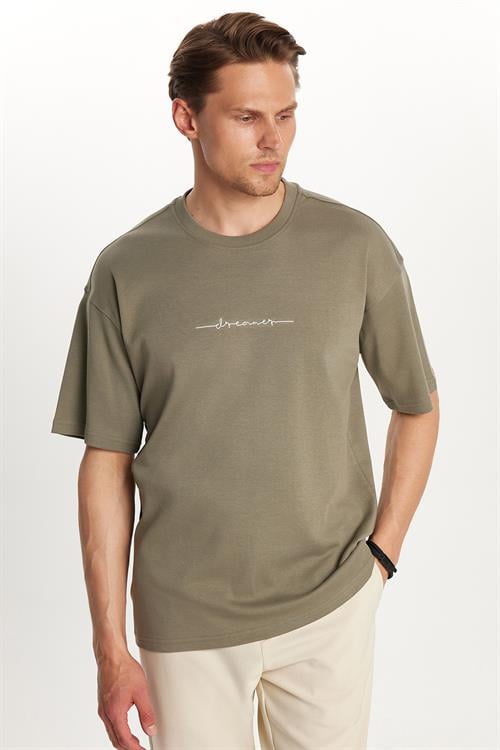 Erkek Slim Fit Dar Kesim Pamuklu Baskılı Haki Bisiklet Yaka Tişört