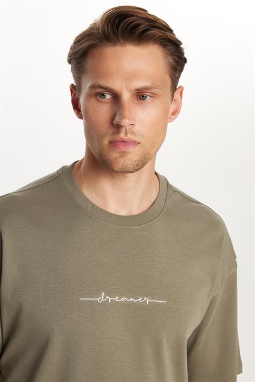 Erkek Slim Fit Dar Kesim Pamuklu Baskılı Haki Bisiklet Yaka Tişört