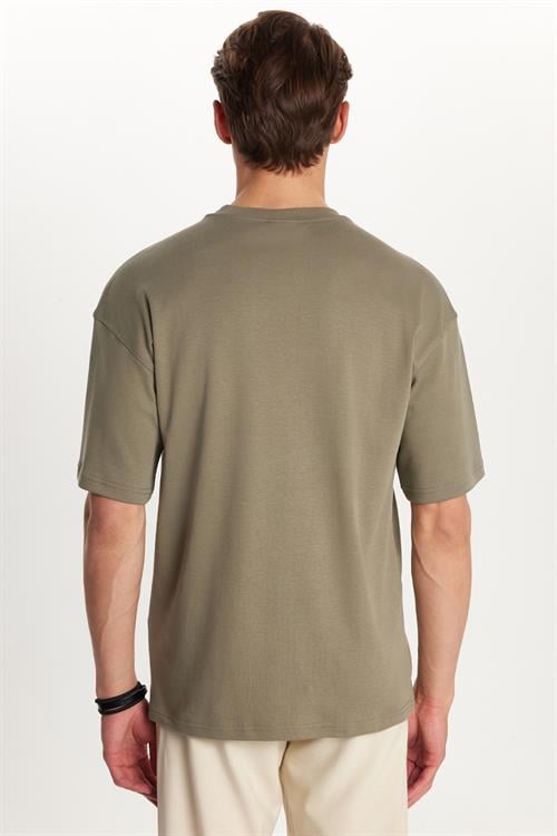 Erkek Slim Fit Dar Kesim Pamuklu Baskılı Haki Bisiklet Yaka Tişört