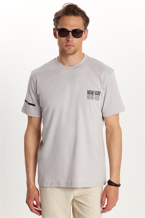 Erkek Slim Fit Dar Kesim Pamuklu Düz Basic Baskılı Bisiklet Yaka Gri Tişört