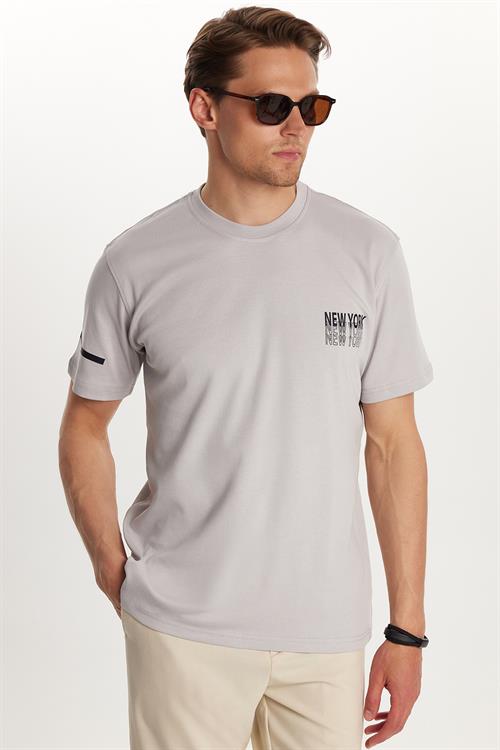 Erkek Slim Fit Dar Kesim Pamuklu Düz Basic Baskılı Bisiklet Yaka Gri Tişört