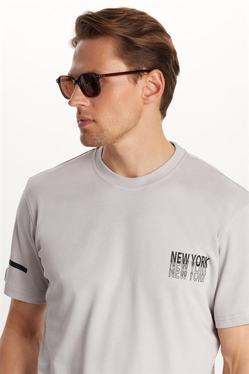 Erkek Slim Fit Dar Kesim Pamuklu Düz Basic Baskılı Bisiklet Yaka Gri Tişört