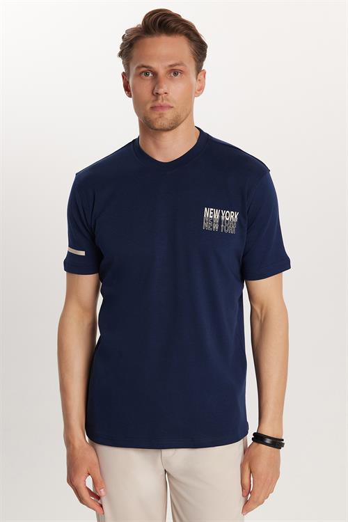 Erkek Slim Fit Dar Kesim Pamuklu Düz Basic Baskılı Bisiklet Yaka Lacivert Tişört