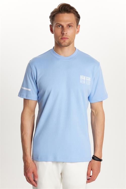 Erkek Slim Fit Dar Kesim Pamuklu Düz Basic Baskılı Bisiklet Yaka Mavi Tişört