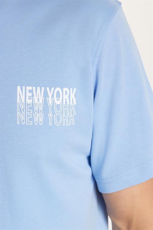 Erkek Slim Fit Dar Kesim Pamuklu Düz Basic Baskılı Bisiklet Yaka Mavi Tişört