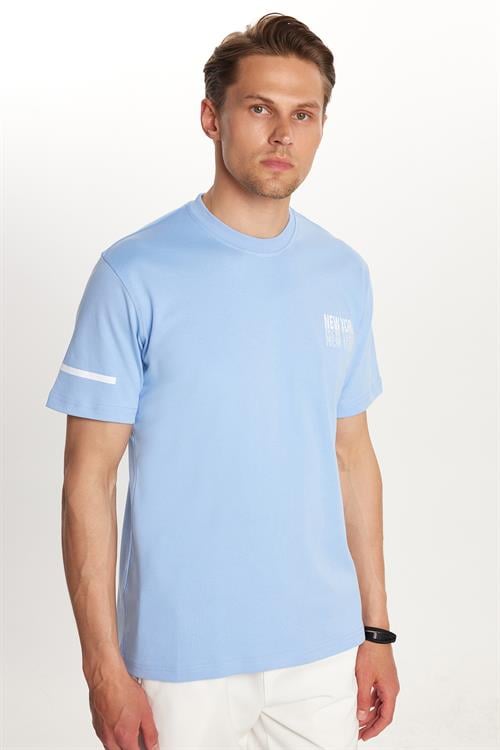 Erkek Slim Fit Dar Kesim Pamuklu Düz Basic Baskılı Bisiklet Yaka Mavi Tişört