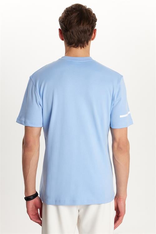 Erkek Slim Fit Dar Kesim Pamuklu Düz Basic Baskılı Bisiklet Yaka Mavi Tişört