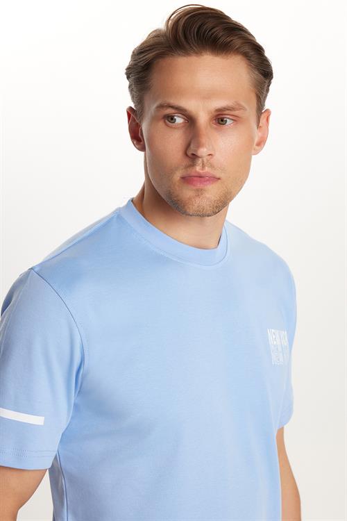 Erkek Slim Fit Dar Kesim Pamuklu Düz Basic Baskılı Bisiklet Yaka Mavi Tişört