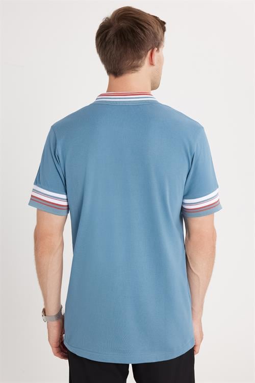 Erkek Slim Fit Dar Kesim %100 Pamuk Düz Pike Yaka ve Kol Detaylı İndigo Polo Yaka Tişört
