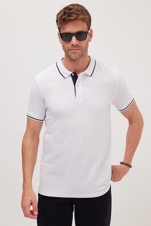 Erkek Slim Fit Dar Kesim %100 Pamuk Yumuşak Dokulu Serin Tutan Kumaş Düz Pike Beyaz Polo Yaka Tişört