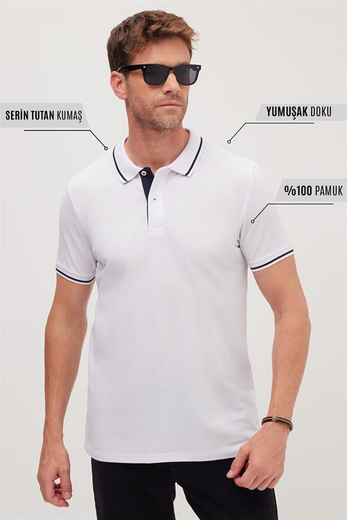 Erkek Slim Fit Dar Kesim %100 Pamuk Yumuşak Dokulu Serin Tutan Kumaş Düz Pike Beyaz Polo Yaka Tişört