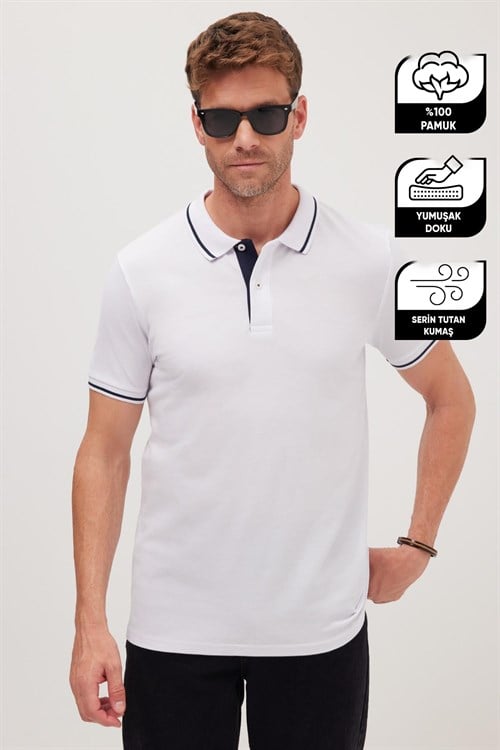 Erkek Slim Fit Dar Kesim %100 Pamuk Yumuşak Dokulu Serin Tutan Kumaş Düz Pike Beyaz Polo Yaka Tişört