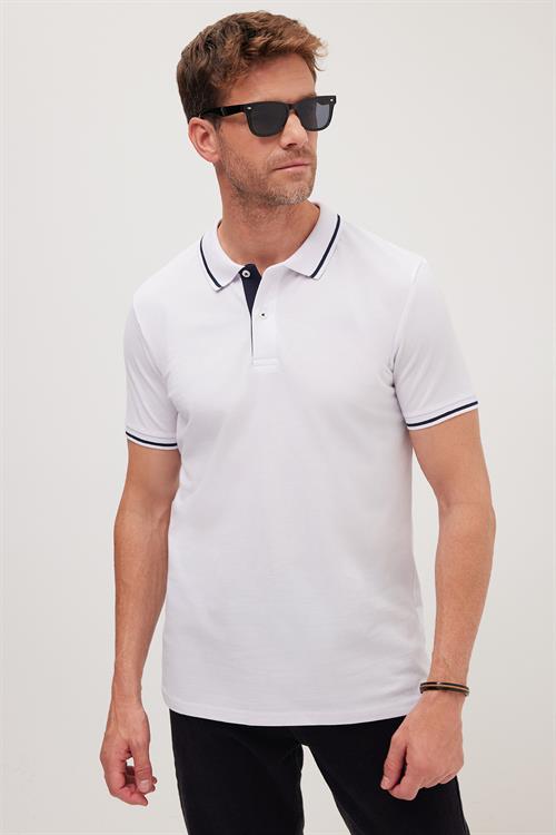 Erkek Slim Fit Dar Kesim %100 Pamuk Yumuşak Dokulu Serin Tutan Kumaş Düz Pike Beyaz Polo Yaka Tişört