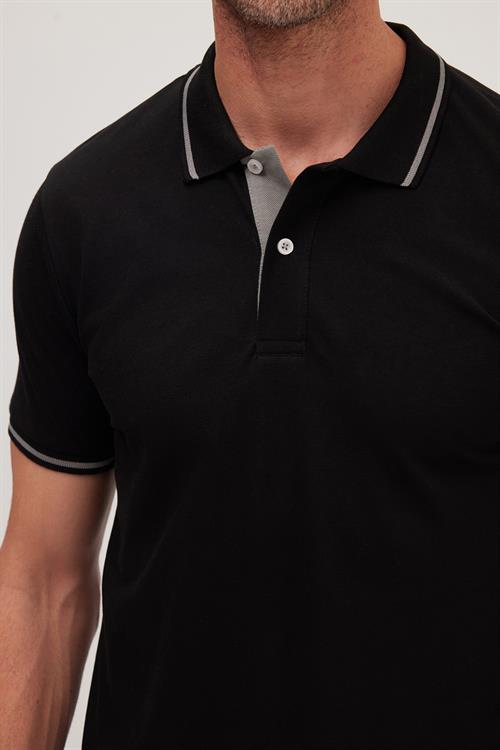 Erkek Slim Fit Dar Kesim %100 Pamuk Yumuşak Dokulu Serin Tutan Kumaş Düz Pike Siyah Polo Yaka Tişört