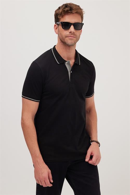 Erkek Slim Fit Dar Kesim %100 Pamuk Yumuşak Dokulu Serin Tutan Kumaş Düz Pike Siyah Polo Yaka Tişört