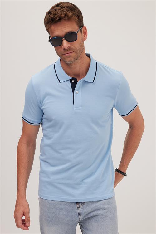 Erkek Slim Fit Dar Kesim %100 Pamuk Yumuşak Dokulu Serin Tutan Kumaş Düz Pike Mavi Polo Yaka Tişört