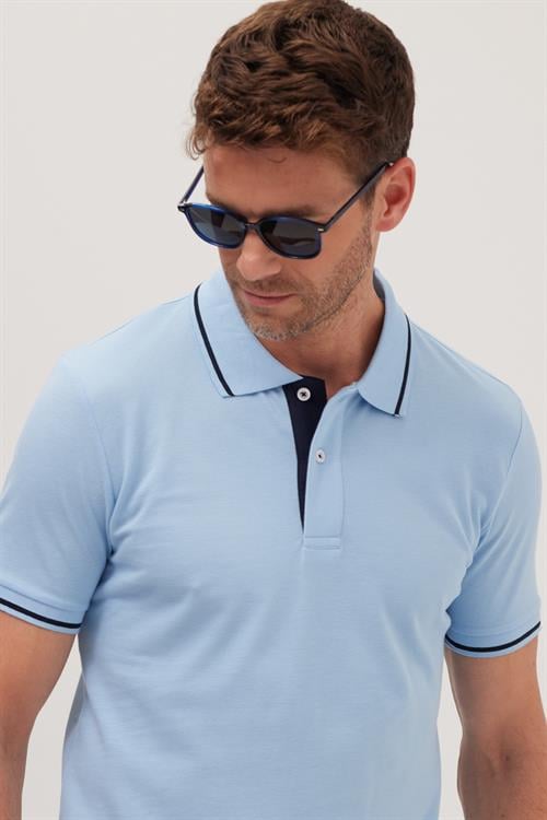 Erkek Slim Fit Dar Kesim %100 Pamuk Yumuşak Dokulu Serin Tutan Kumaş Düz Pike Mavi Polo Yaka Tişört