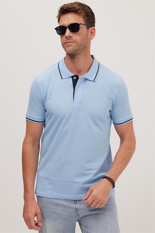 Erkek Slim Fit Dar Kesim %100 Pamuk Yumuşak Dokulu Serin Tutan Kumaş Düz Pike Mavi Polo Yaka Tişört