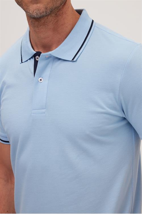Erkek Slim Fit Dar Kesim %100 Pamuk Yumuşak Dokulu Serin Tutan Kumaş Düz Pike Mavi Polo Yaka Tişört