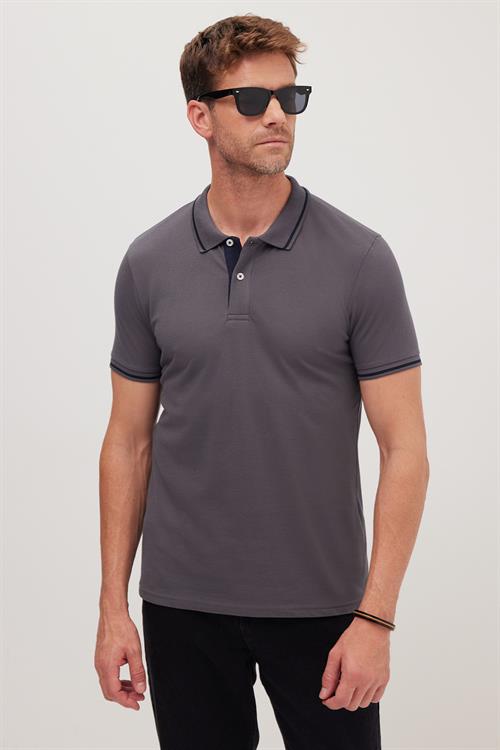 Erkek Slim Fit Dar Kesim %100 Pamuk Yumuşak Dokulu Serin Tutan Kumaş Düz Pike Füme Polo Yaka Tişört