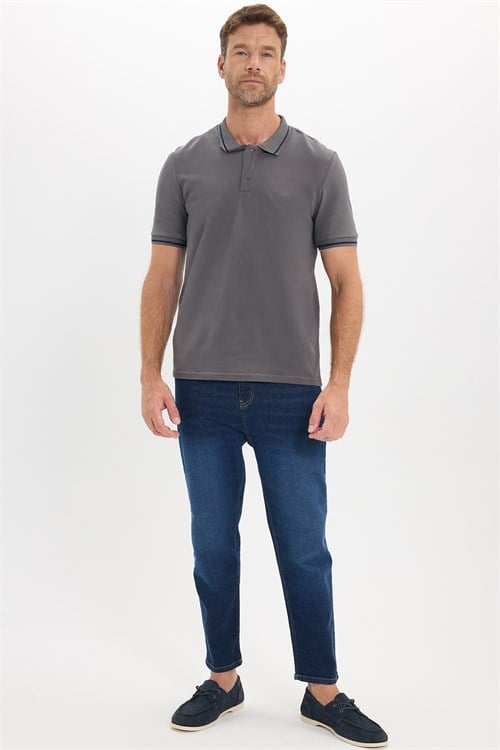 Erkek Slim Fit Dar Kesim %100 Pamuk Yumuşak Dokulu Serin Tutan Kumaş Düz Pike Füme Polo Yaka Tişört