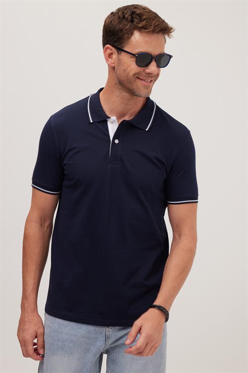 Erkek Slim Fit Dar Kesim %100 Pamuk Yumuşak Dokulu Serin Tutan Kumaş Düz Pike Lacivert Polo Yaka Tişört