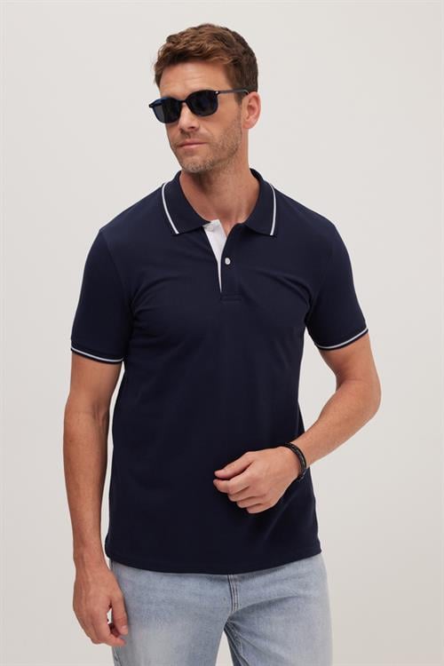 Erkek Slim Fit Dar Kesim %100 Pamuk Yumuşak Dokulu Serin Tutan Kumaş Düz Pike Lacivert Polo Yaka Tişört