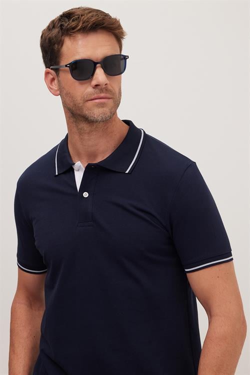 Erkek Slim Fit Dar Kesim %100 Pamuk Yumuşak Dokulu Serin Tutan Kumaş Düz Pike Lacivert Polo Yaka Tişört