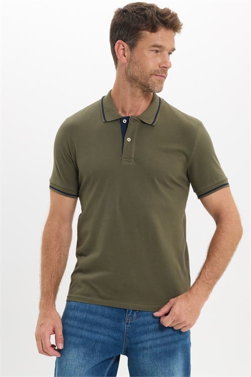 Erkek Slim Fit Dar Kesim %100 Pamuk Yumuşak Dokulu Serin Tutan Kumaş Düz Pike Haki Polo Yaka Tişört