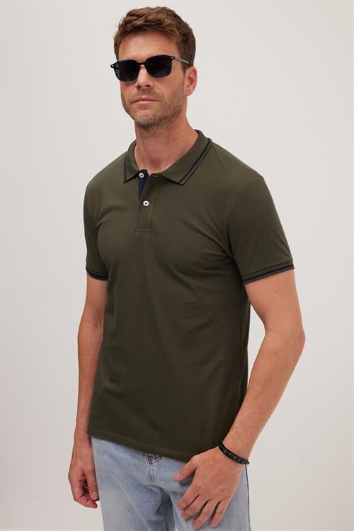 Erkek Slim Fit Dar Kesim %100 Pamuk Yumuşak Dokulu Serin Tutan Kumaş Düz Pike Haki Polo Yaka Tişört
