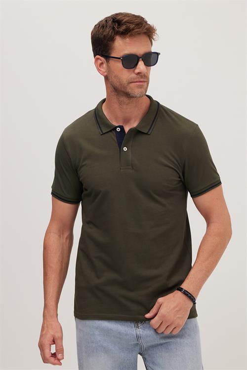 Erkek Slim Fit Dar Kesim %100 Pamuk Yumuşak Dokulu Serin Tutan Kumaş Düz Pike Haki Polo Yaka Tişört