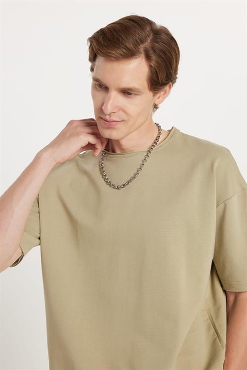 Erkek Oversize Geniş Kesim Pamuklu Bisiklet Yaka Mint Renk Tişört