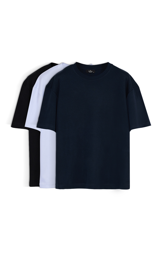Unisex 3lü Paket Lacivert-Beyaz-Siyah Oversize Geniş Kesim %100 Pamuk Basic Bisiklet Yaka Tişört