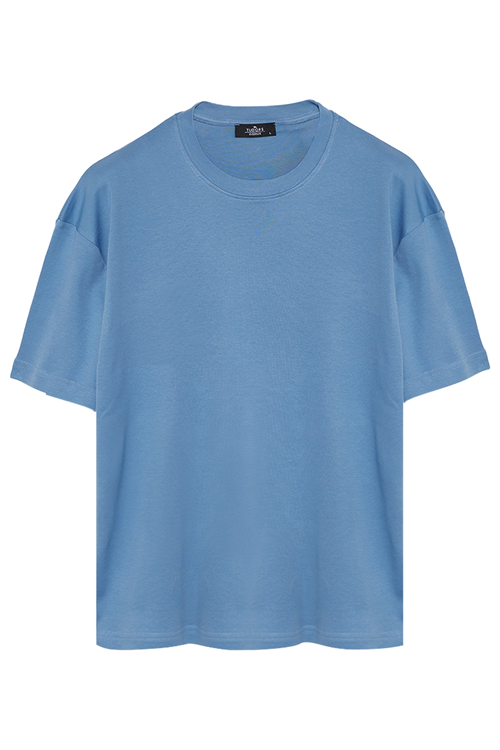 Unisex 3lü Paket Mavi-Beyaz-Kahverengi Oversize Geniş Kesim %100 Pamuk Basic Bisiklet Yaka Tişört