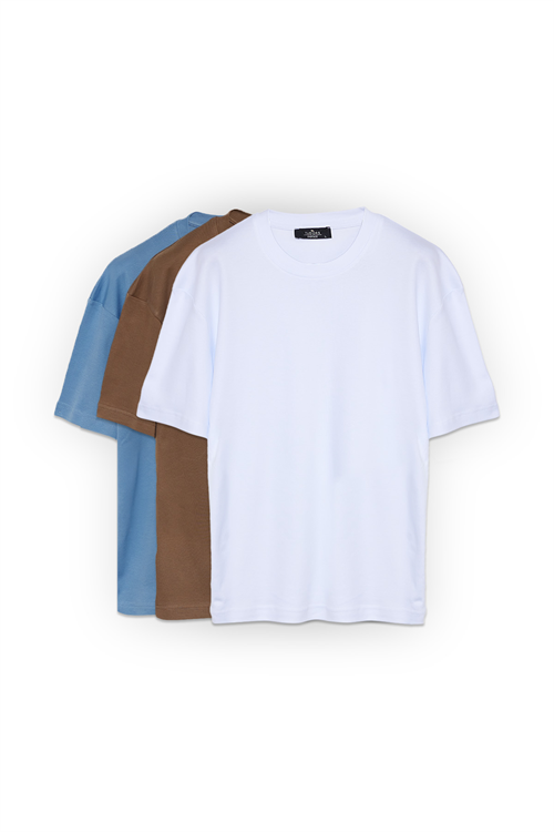 Unisex 3lü Paket Mavi-Beyaz-Kahverengi Oversize Geniş Kesim %100 Pamuk Basic Bisiklet Yaka Tişört