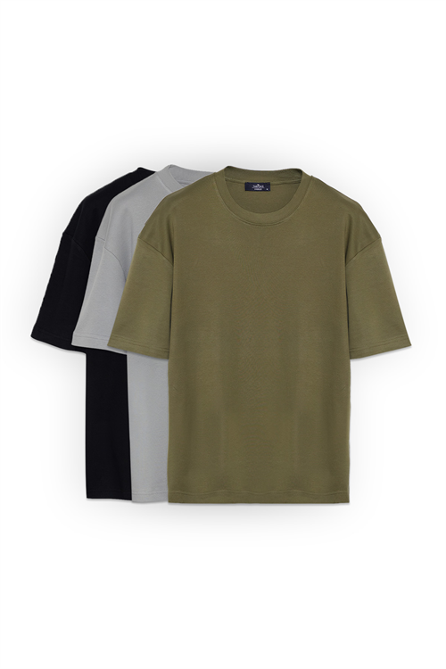 Unisex 3lü Paket Siyah-Gri-Yeşil Oversize Geniş Kesim %100 Pamuk Basic Bisiklet Yaka Tişört 3lü Tişört