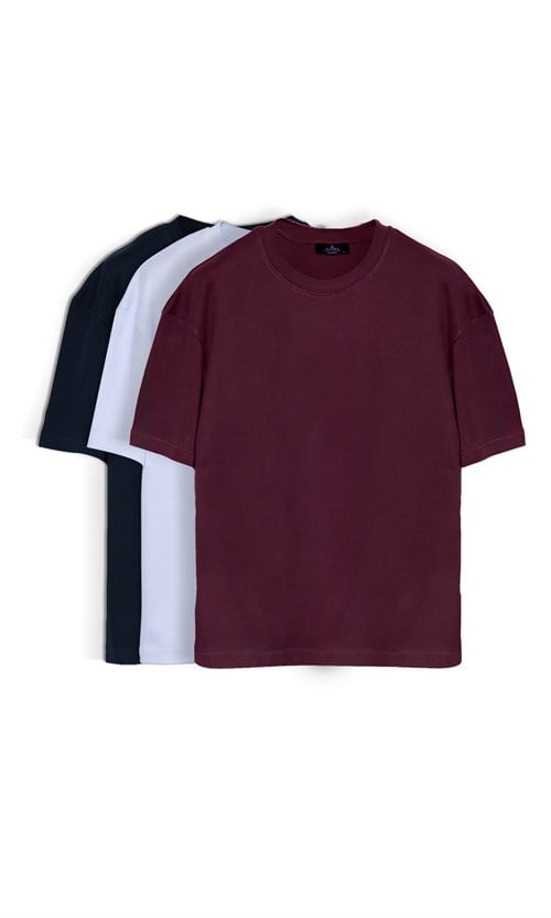Unisex Oversize Geniş Kesim %100 Pamuk 3lü Paket Lacivert-Beyaz-Bordo Bisiklet Yaka Tişört
