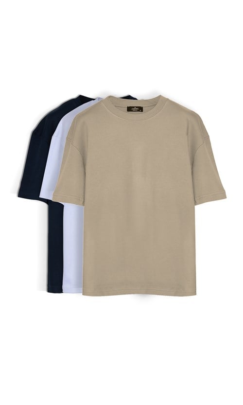Unisex Oversize Geniş Kesim %100 Pamuk 3lü Paket Lacivert-Beyaz-Haki Bisiklet Yaka Tişört