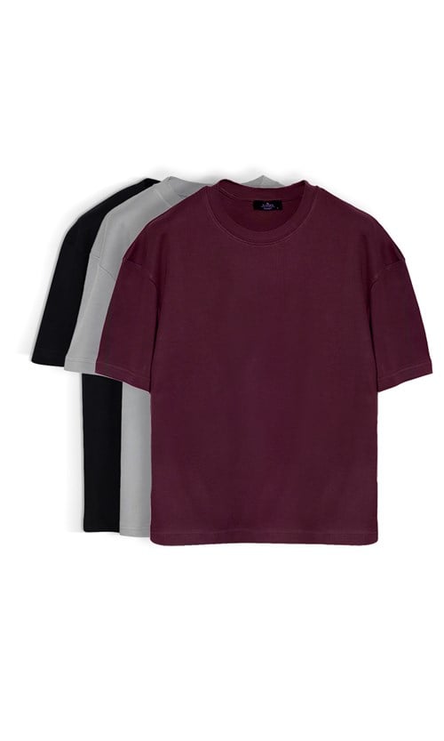 Unisex Oversize Geniş Kesim %100 Pamuk 3lü Paket Siyah-Gri-Bordo Bisiklet Yaka Tişört