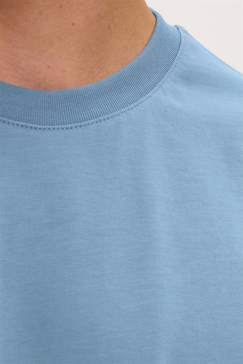 Erkek Boxy Fit Bol Kesim %100 Pamuk Bisiklet Yaka Mavi Tişört