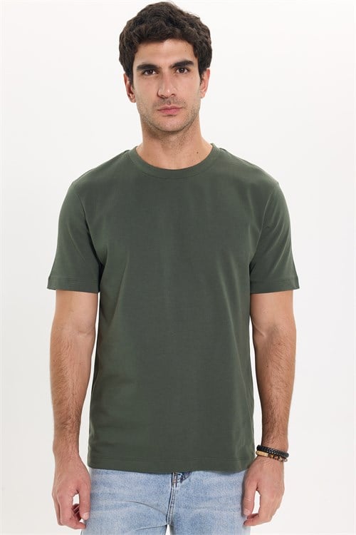 Unisex Regular Fit Rahat Kesim %100 Pamuk Bisiklet Yaka Haki Tişört