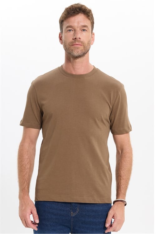 Unisex Regular Fit Rahat Kesim %100 Pamuk Bisiklet Yaka Kahverengi Tişört
