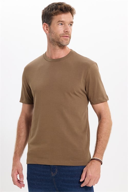 Unisex Regular Fit Rahat Kesim %100 Pamuk Bisiklet Yaka Kahverengi Tişört