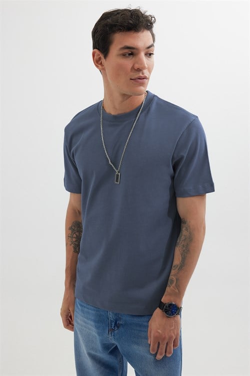 Unisex Regular Fit Rahat Kesim %100 Pamuk Bisiklet Yaka İndigo Tişört