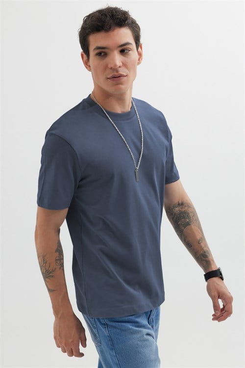 Unisex Regular Fit Rahat Kesim %100 Pamuk Bisiklet Yaka İndigo Tişört