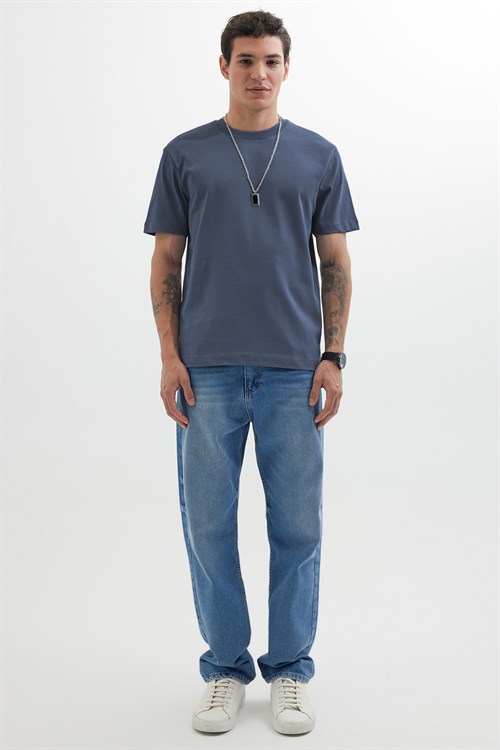 Unisex Regular Fit Rahat Kesim %100 Pamuk Bisiklet Yaka İndigo Tişört