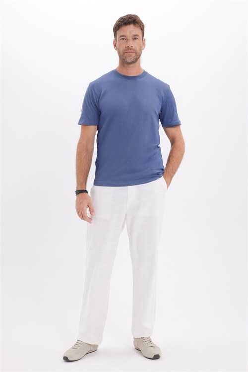 Unisex Regular Fit Rahat Kesim %100 Pamuk Bisiklet Yaka İndigo Tişört